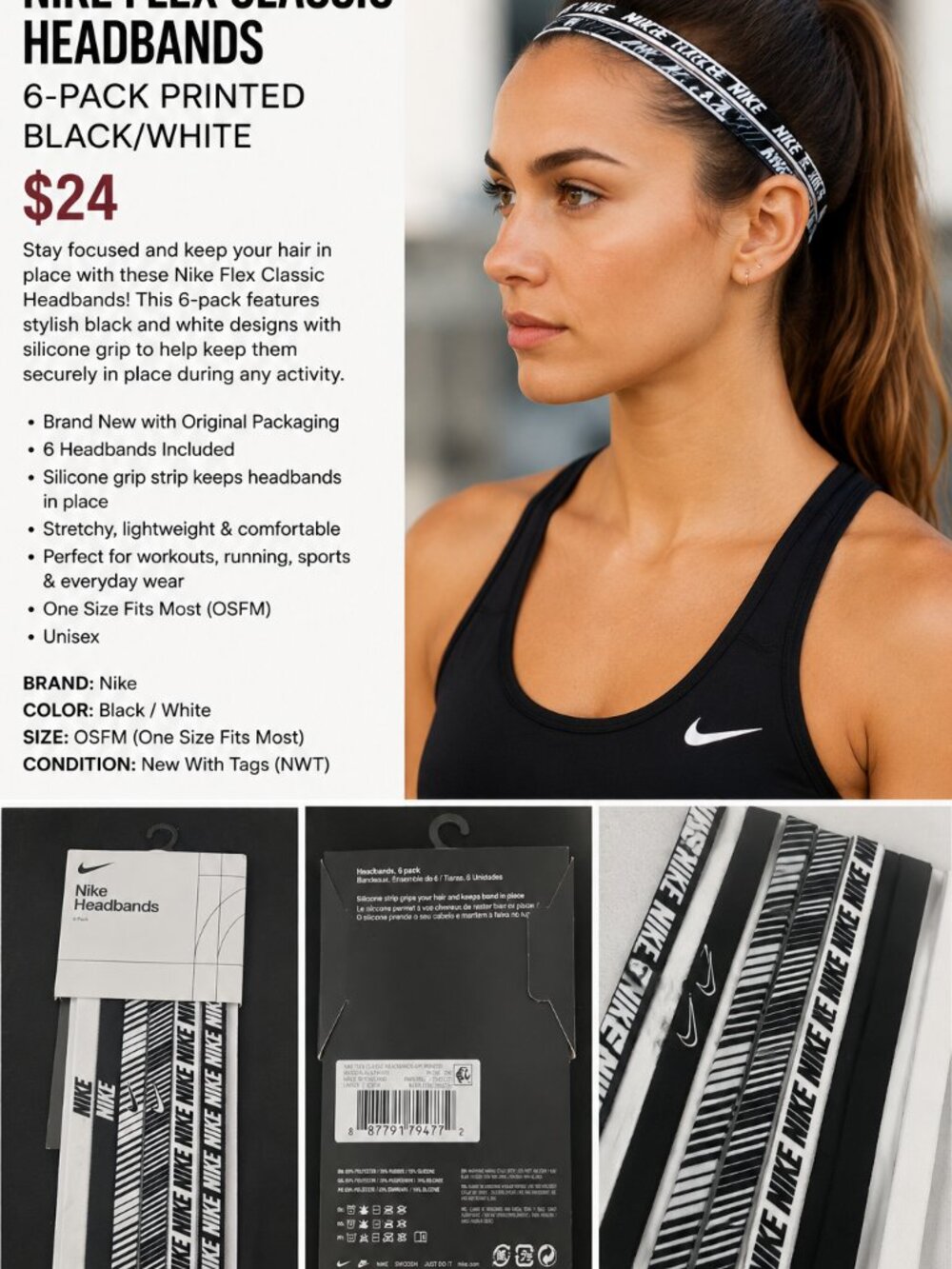 Nike Flex Classic Headbands 6-Pack Printed Black/White OSFM NWT